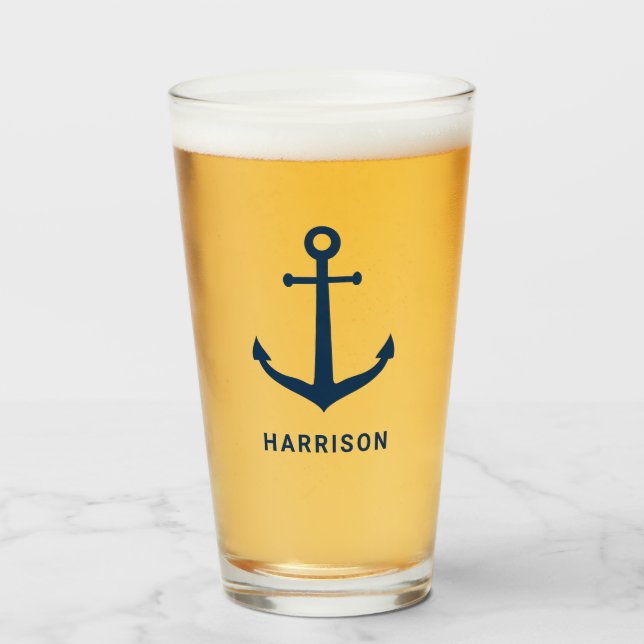 Verre Nautical Navy Blue Custom Name Ancre de bateau (Devant (rempli))