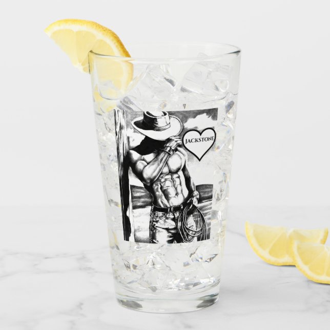 Verre Nom personnalisé dans le coeur avec 6 pack Cowboy  (Devant glace)