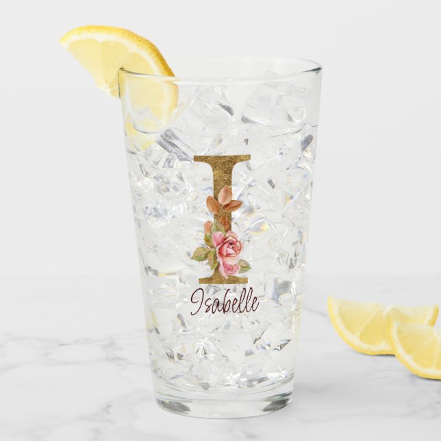 Verre Nom Personnalisé Lettre I Gold Foil Blush Roses Ro (Devant glace)