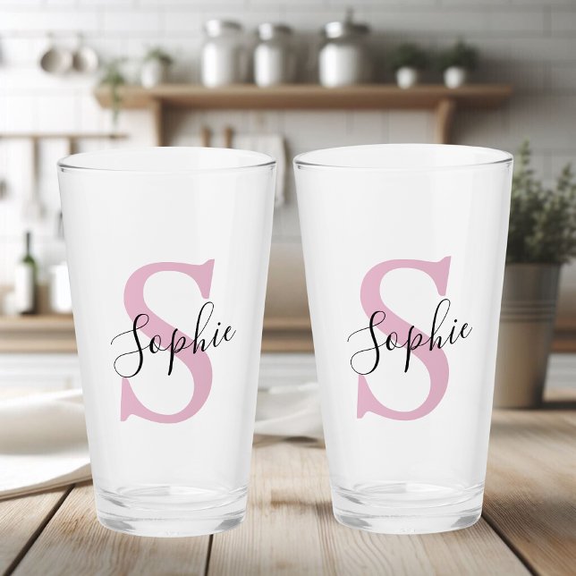 Verre Nom personnalisé moderne Monogramme rose (Créateur téléchargé)