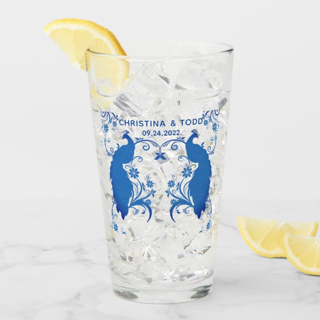 Verre Nouveau marié Elégant bleu Peacock Pint Glass (Devant glace)