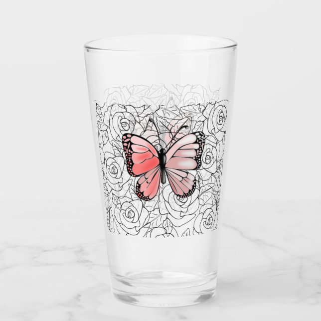Verre papillon rose avec Roses (Devant)