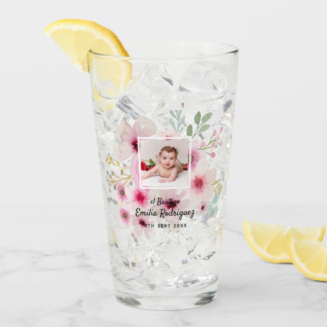 Verre Pink Floral Rose PHOTO BAUTIZO Baptism Girls Named (Devant glace)