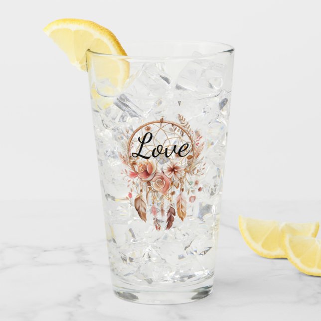 Verre Pink Love Boho Floral Feathers Dream Catcher (Devant glace)