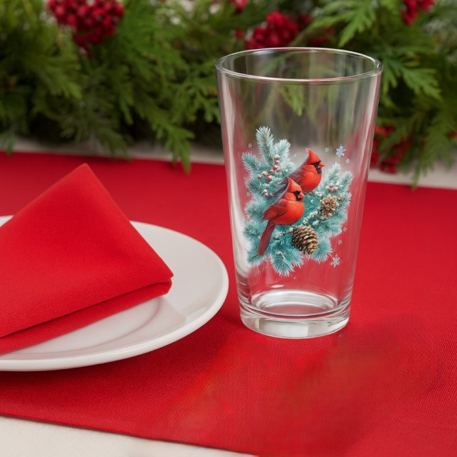 Verre Red Cardinal Birds and Pine Christmas Glass Cup (Set a festive holiday table with red cardinal bird and pine beverage glass. )