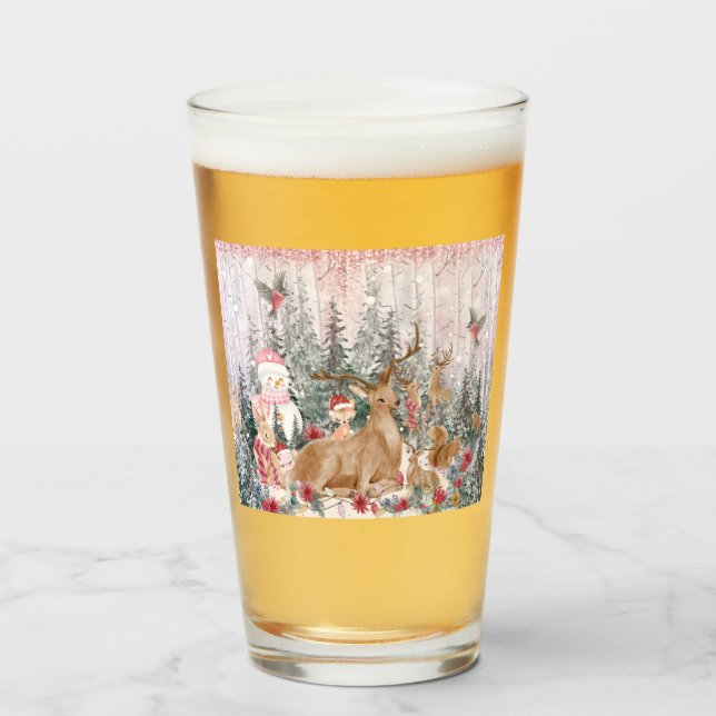 Verre Rinder d'aquarelle rose, Snowman Joyeux Noël (Devant (rempli))