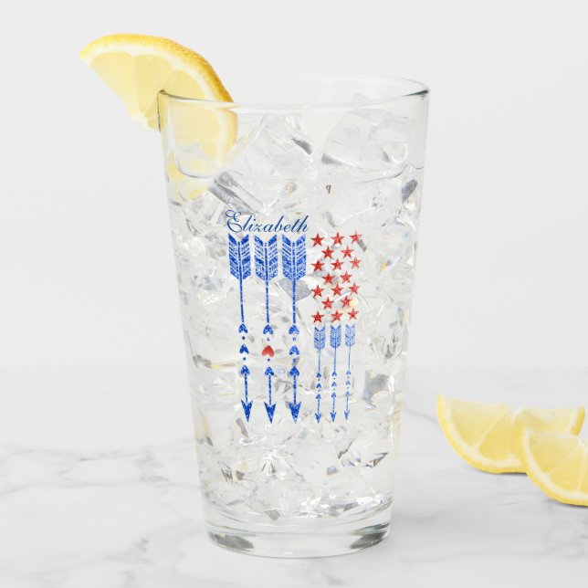 Verre Rouge, blanc, bleu, drapeau, étoiles, flèches, 4 j (Devant glace)