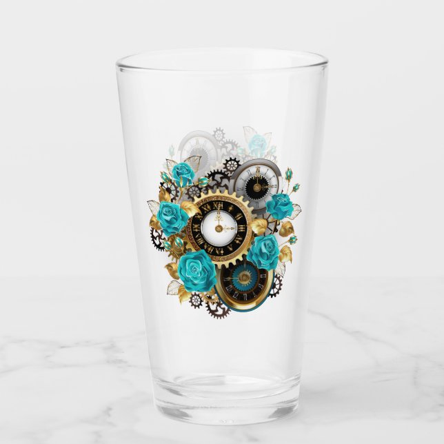 Verre Steampunk Clock and Turquoise Roses on Striped (Devant)
