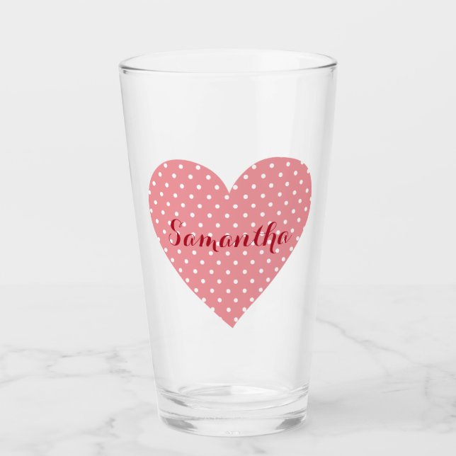 Verre Un bel écran de pois de coeur rose et blanc (Devant)