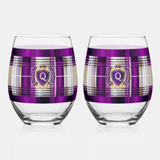 Verres à vin sans pied en tartan violet monogrammé