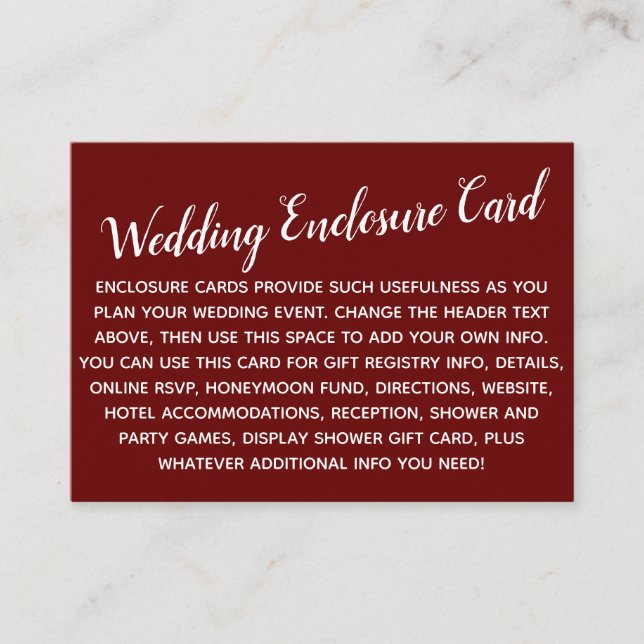 Versatile Custom Simple DIY Wedding Burgundy Red Enclosure Card (Front)