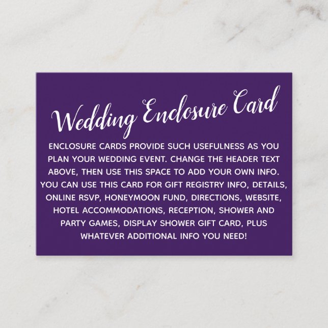 Versatile Custom Simple DIY Wedding Deepest Purple Enclosure Card (Front)