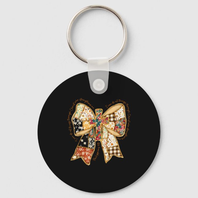 Verse Bible Coquette Christian Jesus Bow Patchwork Keychain (Front)