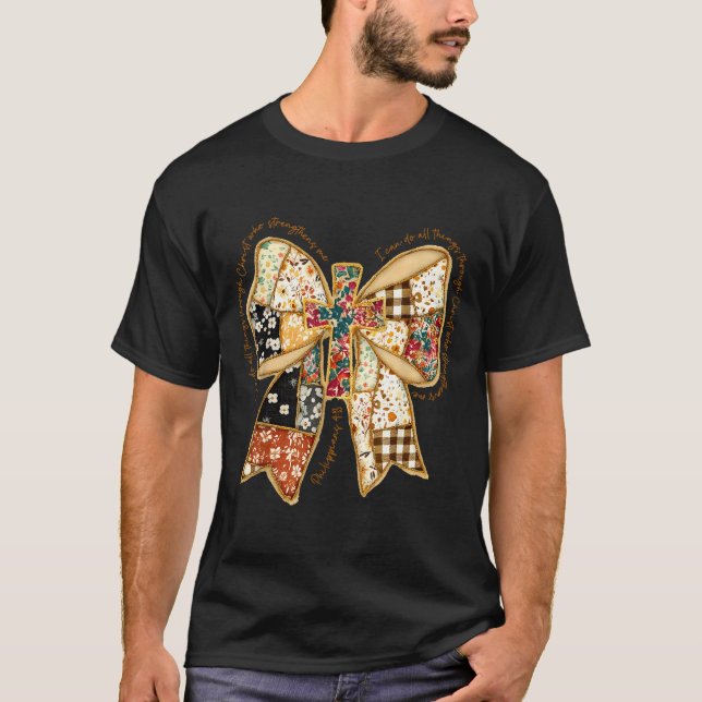 Verse Bible Coquette Christian Jesus Bow Patchwork T-Shirt (Front)
