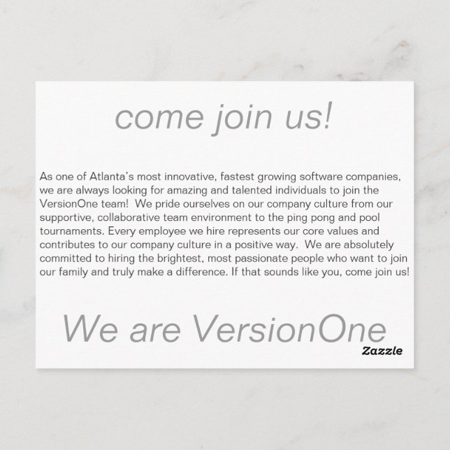 VersionOne hiring Card (Back)