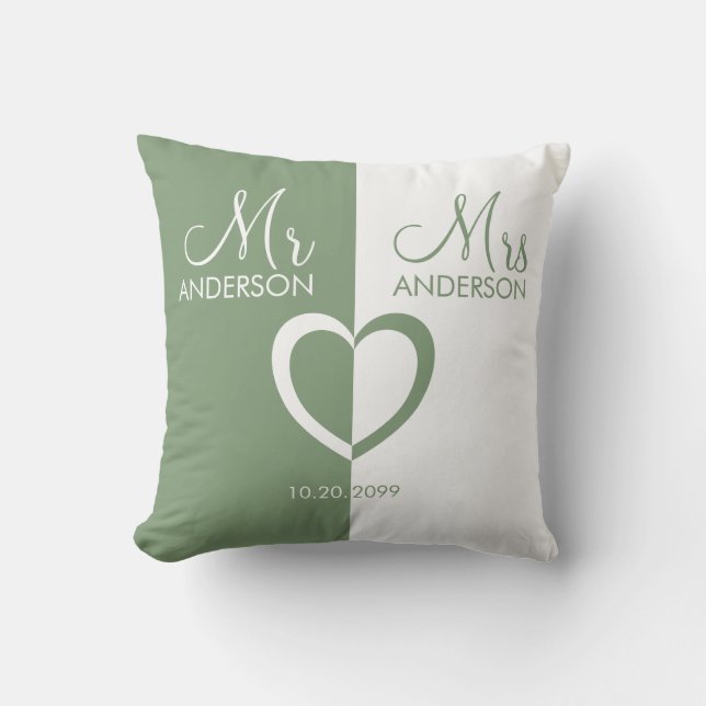 Vert blanc M. Mme nom coeur mariage Lève oreiller (Recto)