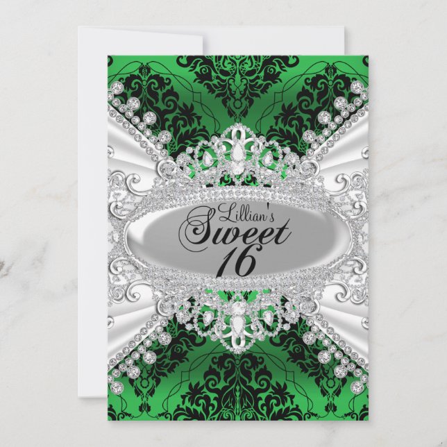 Vert Damas & Diamant Tiara Sweet 16 Invitation (Devant)