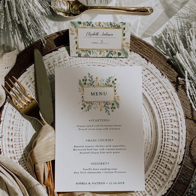 Vert doré sur blanc | Menu Mariage de Noël (An elegant, holiday wedding menu card on a white background with gold accents)