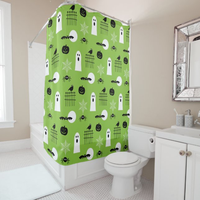 Vert Enfants Halloween Print Douche rideau (En situation)