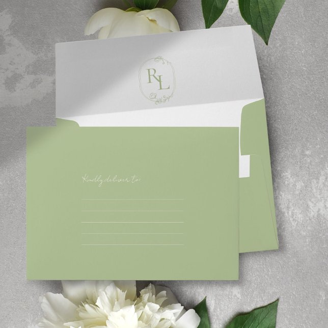 Vert et blanc | Enveloppe Mariage de monogramme fl (Créateur téléchargé)