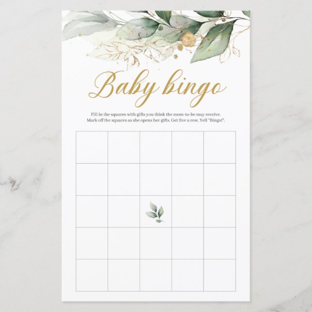 Vert eucalyptus or feuilles boho jeu de bingo bébé (Devant)