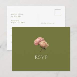 Vert olive et blanc Carte postale RSVP de mariag