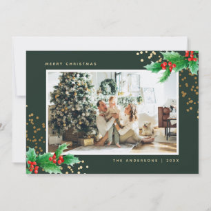 Vert or aquarelle Holly Photo Cartes de Noël