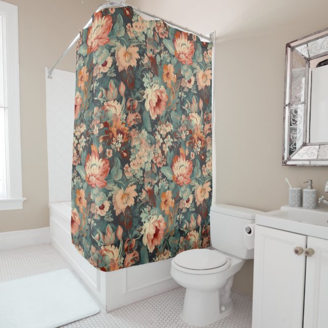 Vert & Pêcher Bohème Floral Douche Rideau (En situation)