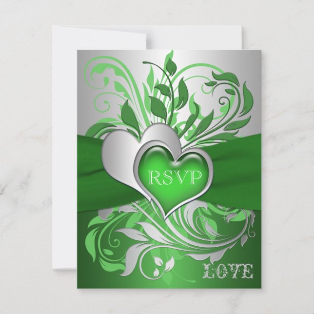 Vert, Rouleaux Argent, Cartes RSVP Cœurs (Devant)