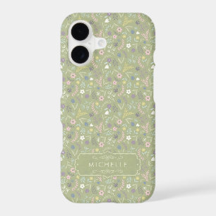 Vert sauge Fleurs roses et blanches Motif floral b