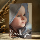 Vertical Baby Photo Birth Announcement Thank You Postcard<br><div class="desc">Personalized with your baby's photo on the front and special message on the back. This design uses an elegant hand-drawn script font for a touch of sophistication. Express your excitement in announcing the birth of your child and send your gratitude at the same time. The words "Thank you" overlay is...</div>