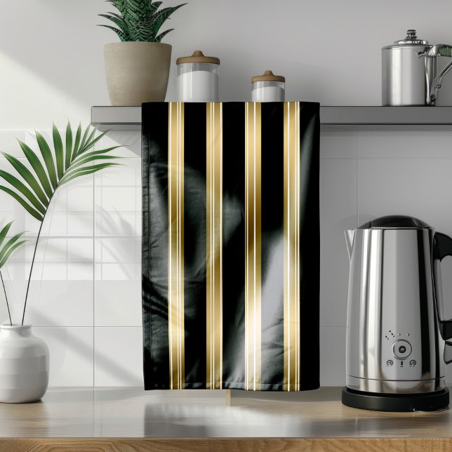 Vertical Black And Gold Stripes White Background Kitchen Towel (Creator Uploaded)