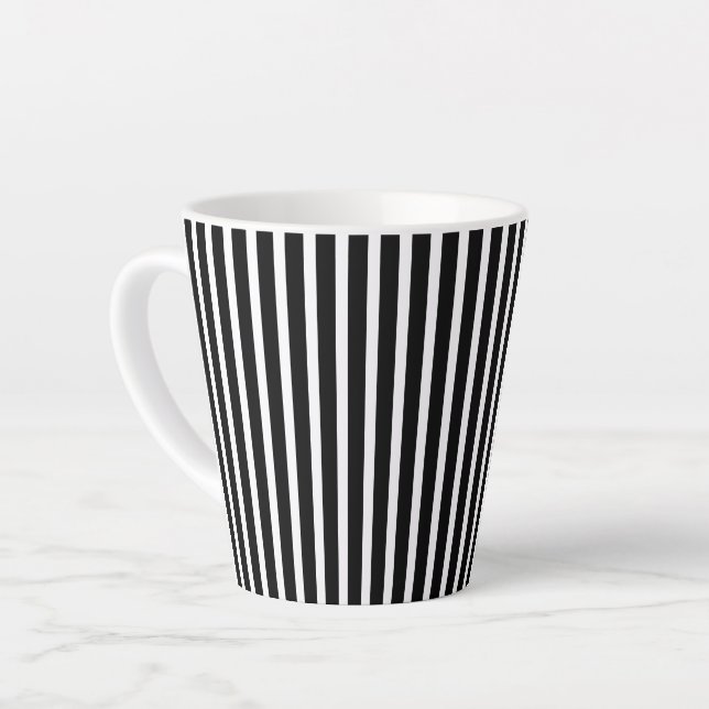Vertical Black and White Stripes Latte Mug (Left Angle)