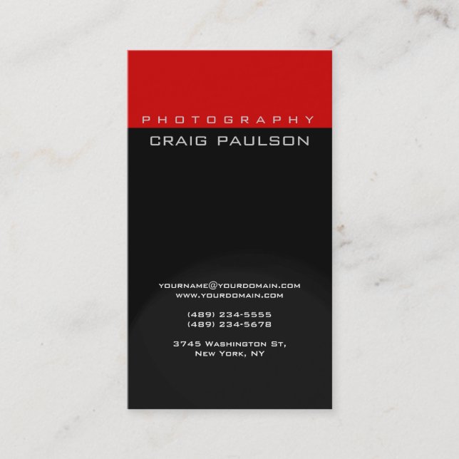 Vertical Black Grey Red Photography Business Card (Front)