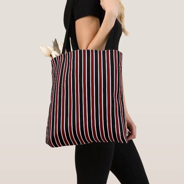 Vertical Black Maroon White Stripes Decor on Tote Bag (Close Up)