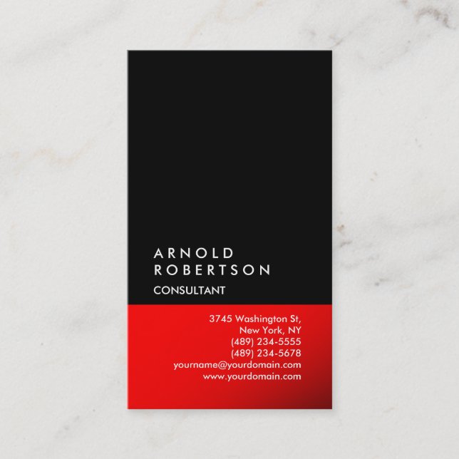 Vertical Black Red Trendy Consultant Business Card (Front)