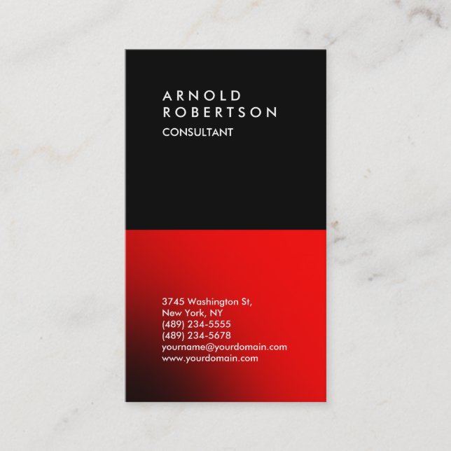 Vertical Black Red Trendy Consultant Business Card (Front)