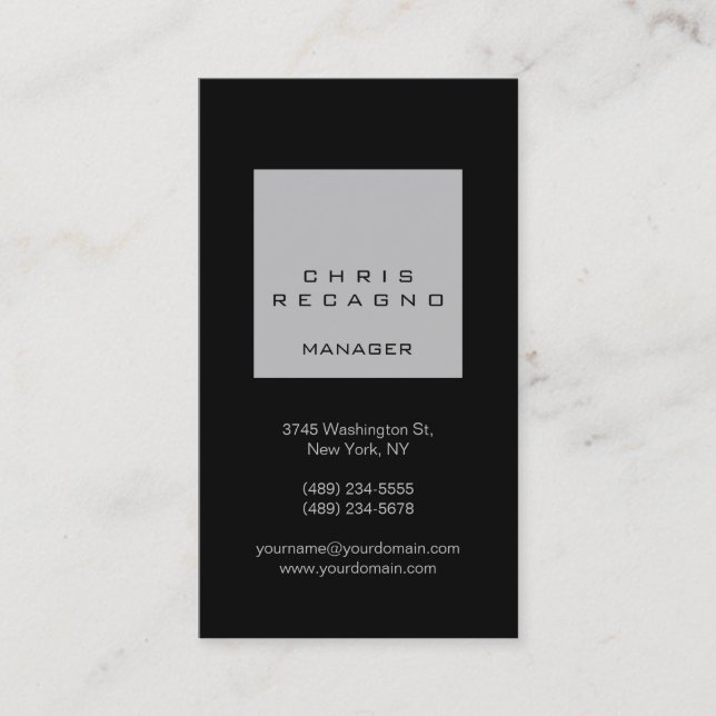 Vertical Black Silver Grey Square Business Card (Front)