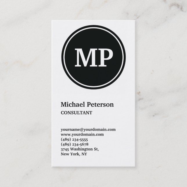 Vertical Black White Circle Monogram Business Card (Front)