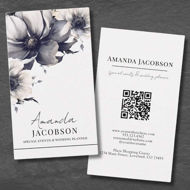 Vertical Black White Floral Elegant Professional Business Card (Vertical Black White Floral Elegant Professional Business Card)