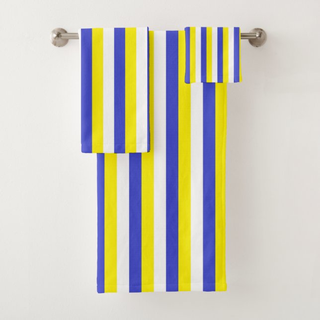Vertical Blue, Yellow and White Stripes Bath Towel Set (Insitu)