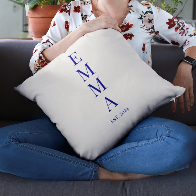 Vertical Bold Name Stack Throw Pillow (Throw pillow with vertically stacked bold name design and small phrase est. 2024 below.)