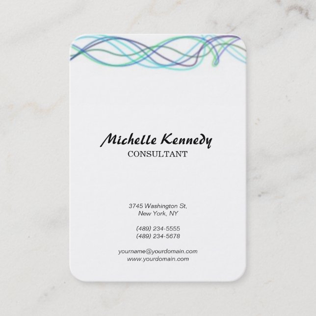 Vertical Chubby Abstract Curves Blue White Script Business Card (Front)