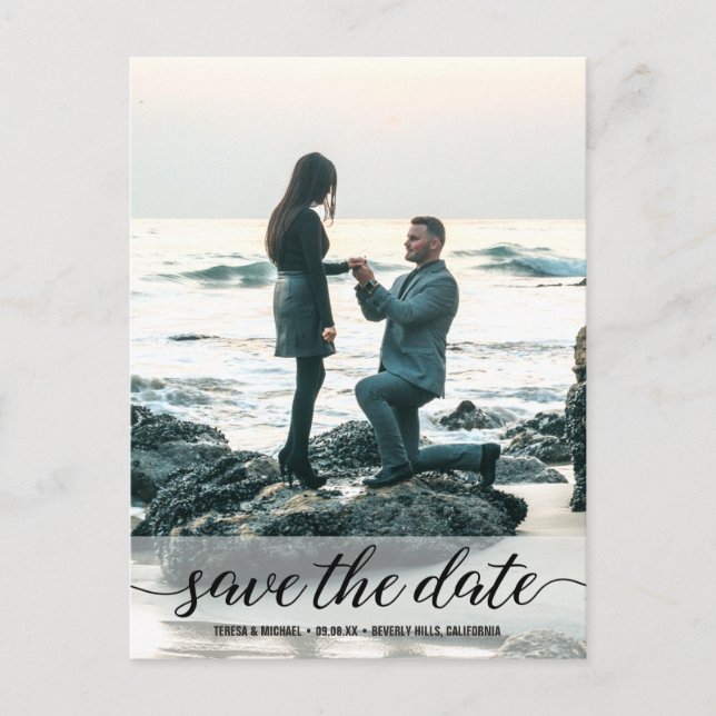 Vertical Engagement Photo Save the Date Script Postcard (Front)