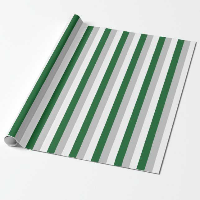 Vertical Forest Green, Silver and White Stripes Wrapping Paper (Unrolled)