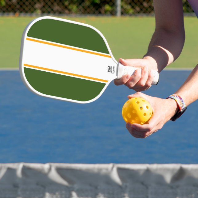 Vertical Forest Green White Yellow Racing Stripes Pickleball Paddle (Insitu)
