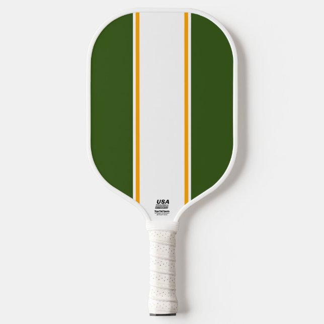Vertical Forest Green White Yellow Racing Stripes Pickleball Paddle (Front)