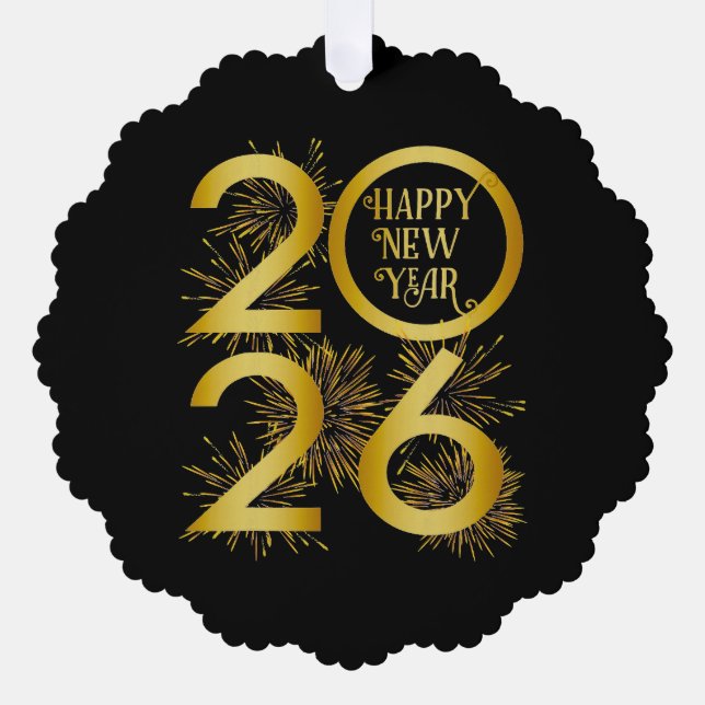 Vertical Gold 2026 New Year Design with Fireworks Ornament Card (Front)