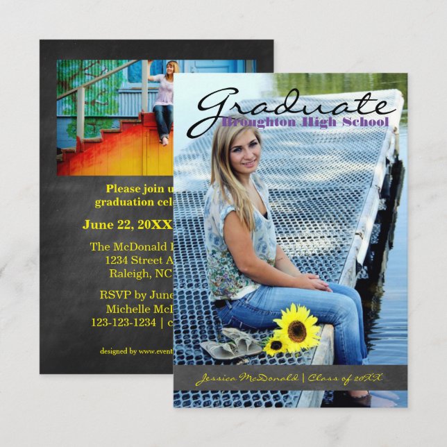 Vertical Graduate Photo - 3x5 Chalkboard Stripe Invitation (Front/Back)