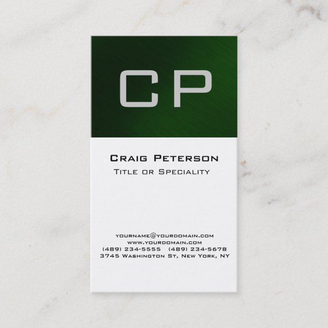 Vertical Green Black White Monogram Business Card (Front)